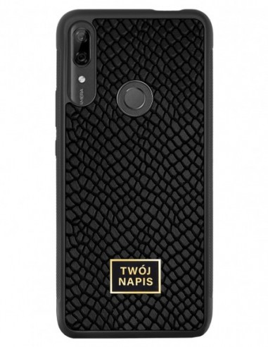 Etui premium skórzane, case na smartfon Huawei P Smart Z. Skóra iguana czarna ze złotą blaszką - wzór klienta.