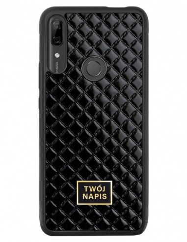 Etui premium skórzane, case na smartfon Huawei P Smart Z. Skóra pik czarna błysk ze złotą blaszką - wzór klienta.