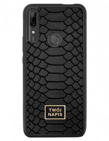 Etui premium skórzane, case na smartfon Huawei P Smart Z. Skóra python czarna mat ze złotą blaszką - wzór klienta.