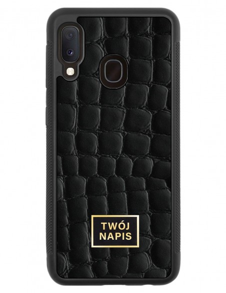 Etui premium skórzane, case na smartfon Samsung Galaxy A20E. Skóra crocodile czarna ze złotą blaszką - wzór klienta.