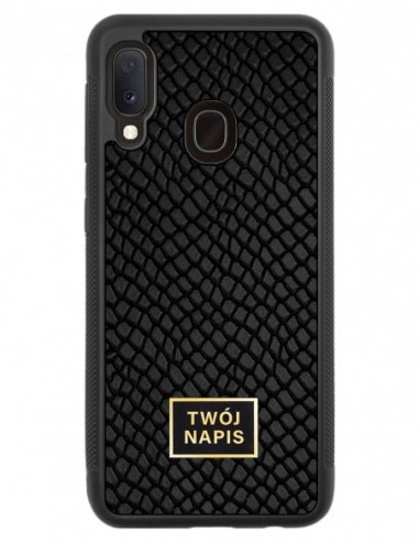 Etui premium skórzane, case na smartfon Samsung Galaxy A20E. Skóra iguana czarna ze złotą blaszką - wzór klienta.