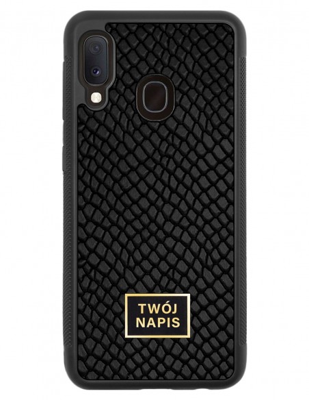 Etui premium skórzane, case na smartfon Samsung Galaxy A20E. Skóra iguana czarna ze złotą blaszką - wzór klienta.