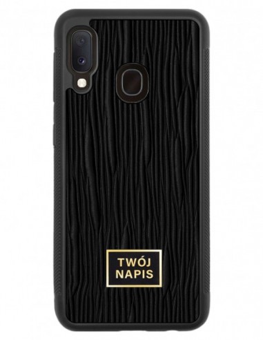 Etui premium skórzane, case na smartfon Samsung Galaxy A20E. Skóra lizard czarna ze złotą blaszką - wzór klienta.
