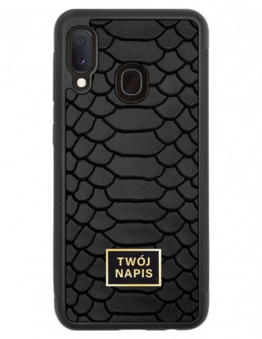 Etui premium skórzane, case na smartfon Samsung Galaxy A20E. Skóra python czarna mat ze złotą blaszką - wzór klienta.