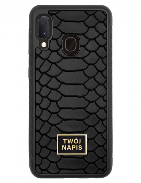 Etui premium skórzane, case na smartfon Samsung Galaxy A20E. Skóra python czarna mat ze złotą blaszką - wzór klienta.