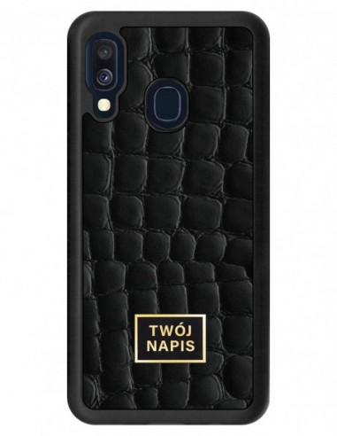 Etui premium skórzane, case na smartfon Samsung Galaxy A40. Skóra crocodile czarna ze złotą blaszką - wzór klienta.
