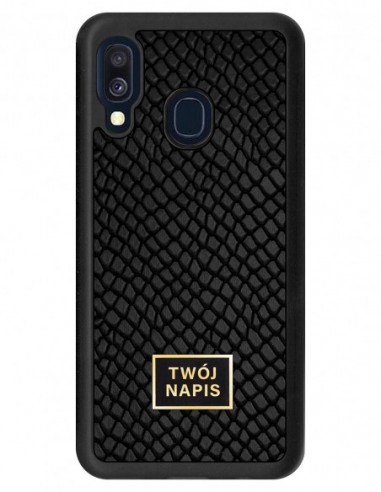 Etui premium skórzane, case na smartfon Samsung Galaxy A40. Skóra iguana czarna ze złotą blaszką - wzór klienta.