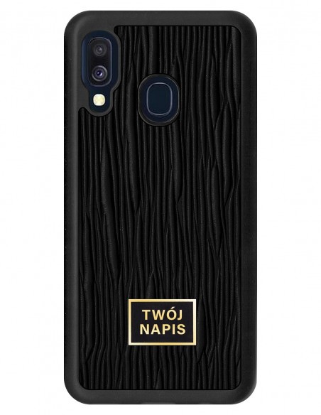 Etui premium skórzane, case na smartfon Samsung Galaxy A40. Skóra lizard czarna ze złotą blaszką - wzór klienta.