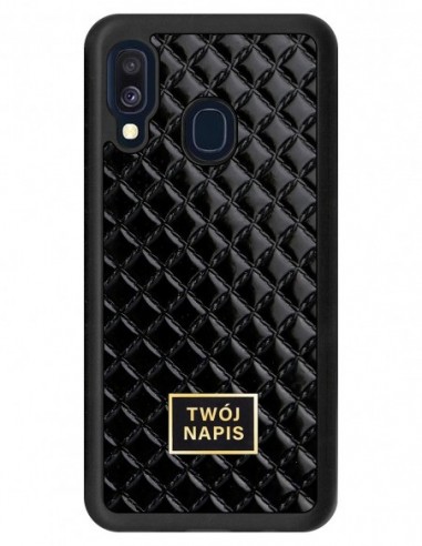 Etui premium skórzane, case na smartfon Samsung Galaxy A40. Skóra pik czarna błysk ze złotą blaszką - wzór klienta.