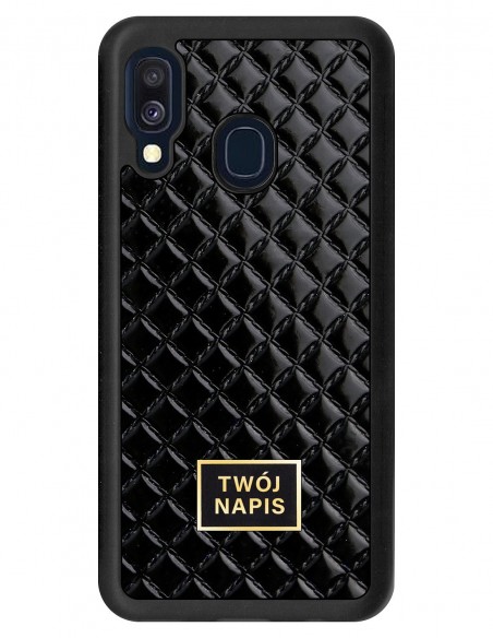 Etui premium skórzane, case na smartfon Samsung Galaxy A40. Skóra pik czarna błysk ze złotą blaszką - wzór klienta.