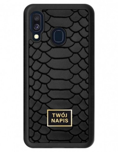 Etui premium skórzane, case na smartfon Samsung Galaxy A40. Skóra python czarna mat ze złotą blaszką - wzór klienta.