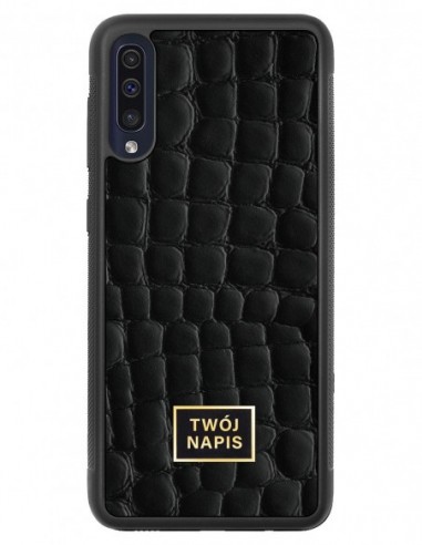 Etui premium skórzane, case na smartfon Samsung Galaxy A50. Skóra crocodile czarna ze złotą blaszką - wzór klienta.