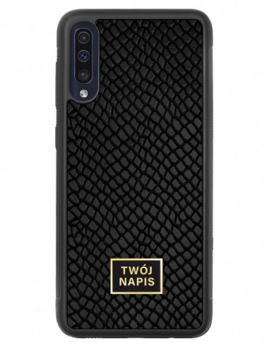 Etui premium skórzane, case na smartfon Samsung Galaxy A50. Skóra iguana czarna ze złotą blaszką - wzór klienta.