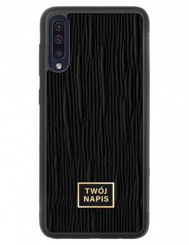 Etui premium skórzane, case na smartfon Samsung Galaxy A50. Skóra lizard czarna ze złotą blaszką - wzór klienta.