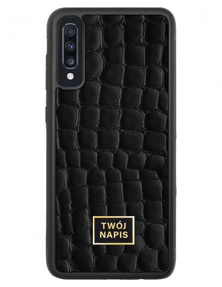 Etui premium skórzane, case na smartfon Samsung Galaxy A70. Skóra crocodile czarna ze złotą blaszką - wzór klienta.