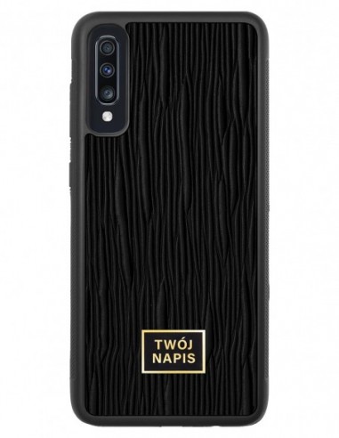 Etui premium skórzane, case na smartfon Samsung Galaxy A70. Skóra lizard czarna ze złotą blaszką - wzór klienta.