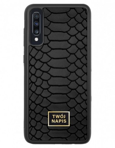 Etui premium skórzane, case na smartfon Samsung Galaxy A70. Skóra python czarna mat ze złotą blaszką - wzór klienta.