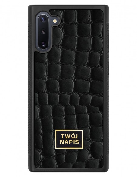 Etui premium skórzane, case na smartfon Samsung Galaxy Note 10. Skóra crocodile czarna ze złotą blaszką - wzór klienta.