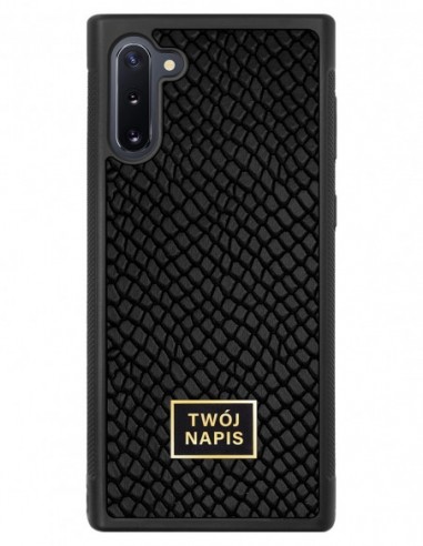 Etui premium skórzane, case na smartfon Samsung Galaxy Note 10. Skóra iguana czarna ze złotą blaszką - wzór klienta.