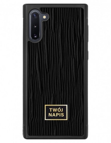 Etui premium skórzane, case na smartfon Samsung Galaxy Note 10. Skóra lizard czarna ze złotą blaszką - wzór klienta.