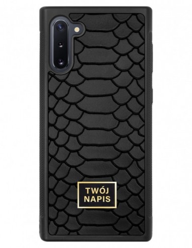 Etui premium skórzane, case na smartfon Samsung Galaxy Note 10. Skóra python czarna mat ze złotą blaszką - wzór klienta.