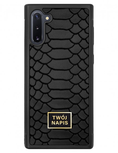 Etui premium skórzane, case na smartfon Samsung Galaxy Note 10. Skóra python czarna mat ze złotą blaszką - wzór klienta.