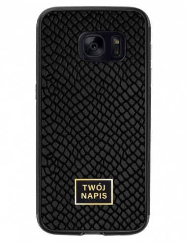 Etui premium skórzane, case na smartfon Samsung Galaxy S7. Skóra iguana czarna ze złotą blaszką - wzór klienta.