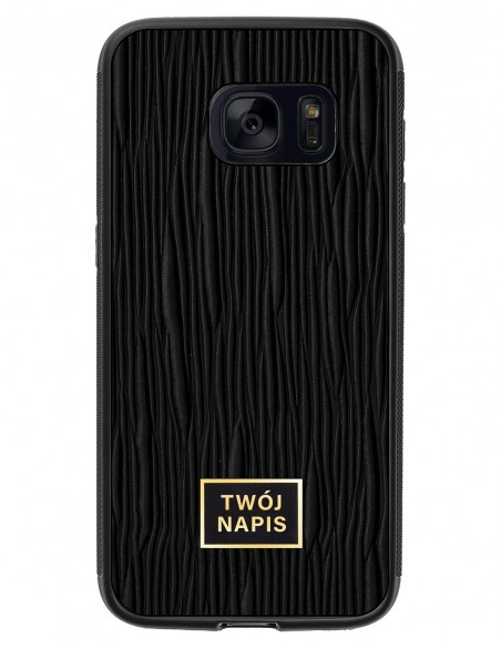 Etui premium skórzane, case na smartfon Samsung Galaxy S7. Skóra lizard czarna ze złotą blaszką - wzór klienta.