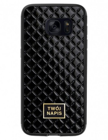 Etui premium skórzane, case na smartfon Samsung Galaxy S7. Skóra pik czarna błysk ze złotą blaszką - wzór klienta.