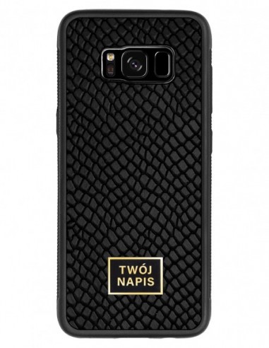 Etui premium skórzane, case na smartfon Samsung Galaxy S8. Skóra iguana czarna ze złotą blaszką - wzór klienta.