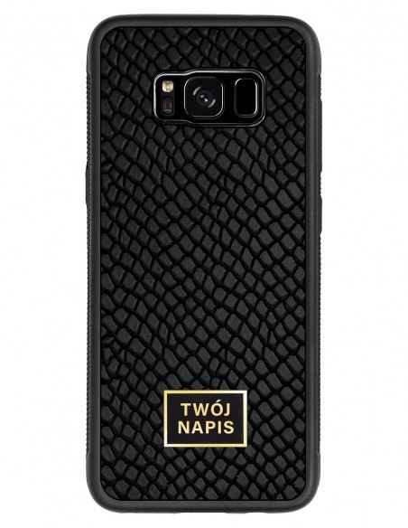 Etui premium skórzane, case na smartfon Samsung Galaxy S8. Skóra iguana czarna ze złotą blaszką - wzór klienta.