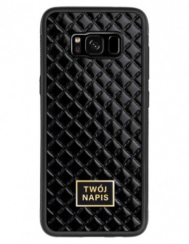 Etui premium skórzane, case na smartfon Samsung Galaxy S8. Skóra pik czarna błysk ze złotą blaszką - wzór klienta.