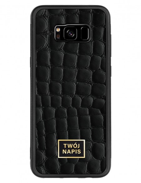 Etui premium skórzane, case na smartfon Samsung Galaxy S8 Plus. Skóra crocodile czarna ze złotą blaszką - wzór klienta.