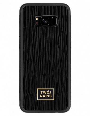 Etui premium skórzane, case na smartfon Samsung Galaxy S8 Plus. Skóra lizard czarna ze złotą blaszką - wzór klienta.