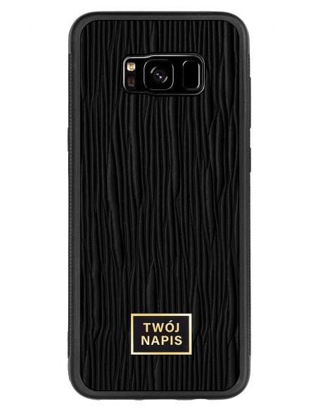 Etui premium skórzane, case na smartfon Samsung Galaxy S8 Plus. Skóra lizard czarna ze złotą blaszką - wzór klienta.