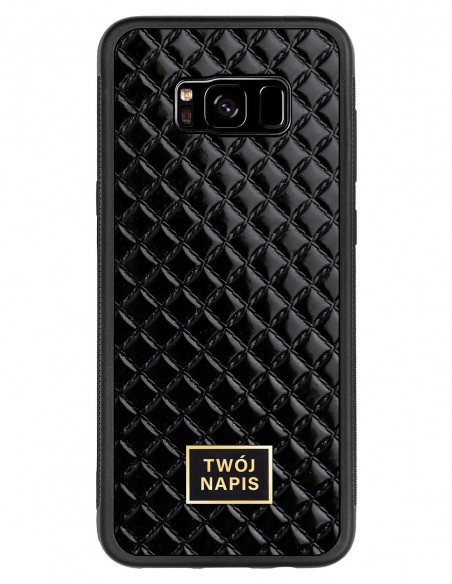 Etui premium skórzane, case na smartfon Samsung Galaxy S8 Plus. Skóra pik czarna błysk ze złotą blaszką - wzór klienta.