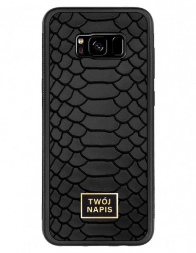Etui premium skórzane, case na smartfon Samsung Galaxy S8 Plus. Skóra python czarna mat ze złotą blaszką - wzór klienta.