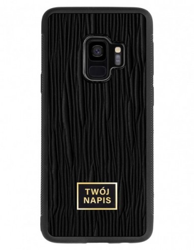 Etui premium skórzane, case na smartfon Samsung Galaxy S9. Skóra lizard czarna ze złotą blaszką - wzór klienta.
