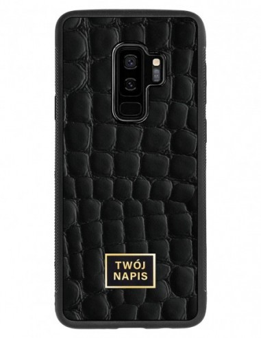 Etui premium skórzane, case na smartfon Samsung Galaxy S9 Plus. Skóra crocodile czarna ze złotą blaszką - wzór klienta.