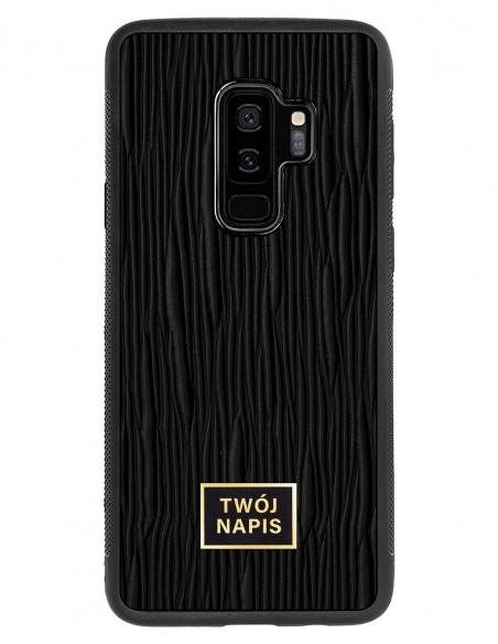 Etui premium skórzane, case na smartfon Samsung Galaxy S9 Plus. Skóra lizard czarna ze złotą blaszką - wzór klienta.