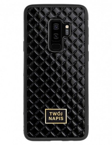 Etui premium skórzane, case na smartfon Samsung Galaxy S9 Plus. Skóra pik czarna błysk ze złotą blaszką - wzór klienta.
