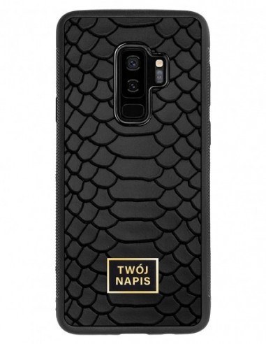 Etui premium skórzane, case na smartfon Samsung Galaxy S9 Plus. Skóra python czarna mat ze złotą blaszką - wzór klienta.