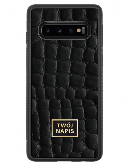 Etui premium skórzane, case na smartfon Samsung Galaxy S10. Skóra crocodile czarna ze złotą blaszką - wzór klienta.