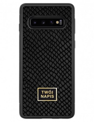 Etui premium skórzane, case na smartfon Samsung Galaxy S10. Skóra iguana czarna ze złotą blaszką - wzór klienta.