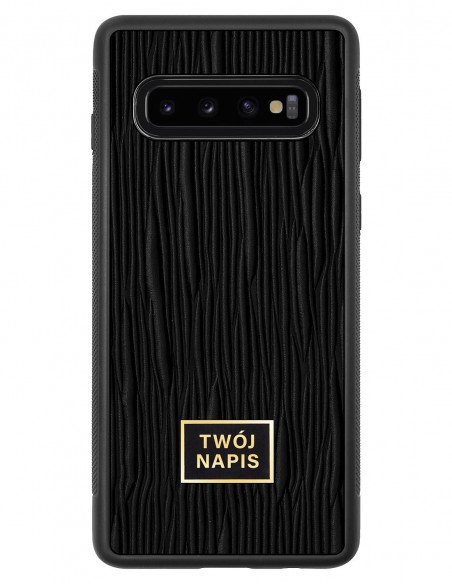 Etui premium skórzane, case na smartfon Samsung Galaxy S10. Skóra lizard czarna ze złotą blaszką - wzór klienta.
