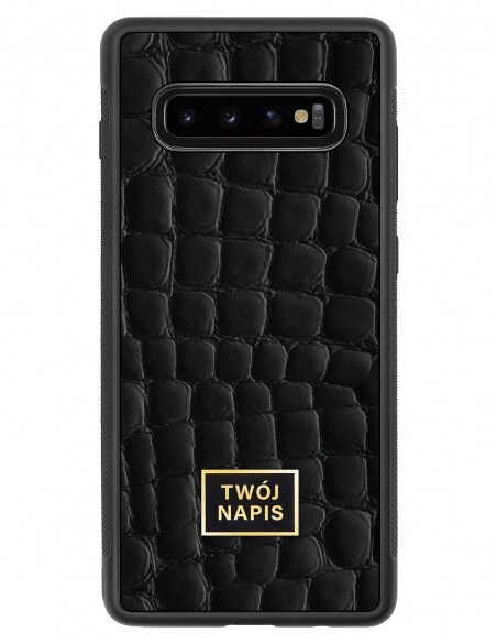 Etui premium skórzane, case na smartfon Samsung Galaxy S10 Plus. Skóra crocodile czarna ze złotą blaszką - wzór klienta.