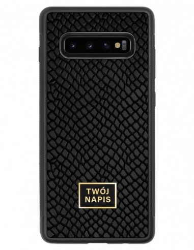 Etui premium skórzane, case na smartfon Samsung Galaxy S10 Plus. Skóra iguana czarna ze złotą blaszką - wzór klienta.