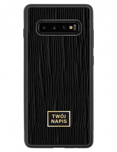 Etui premium skórzane, case na smartfon Samsung Galaxy S10 Plus. Skóra lizard czarna ze złotą blaszką - wzór klienta.