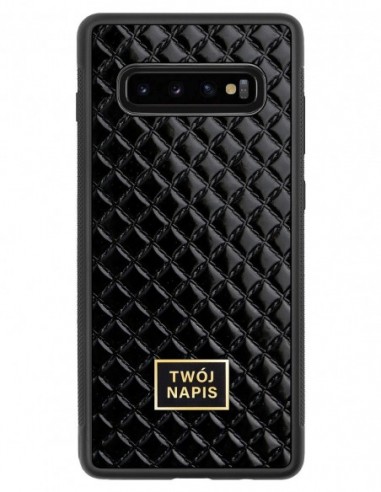 Etui premium skórzane, case na smartfon Samsung Galaxy S10 Plus. Skóra pik czarna błysk ze złotą blaszką - wzór klienta.
