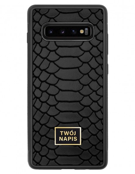 Etui premium skórzane, case na smartfon Samsung Galaxy S10 Plus. Skóra python czarna mat ze złotą blaszką - wzór klienta.